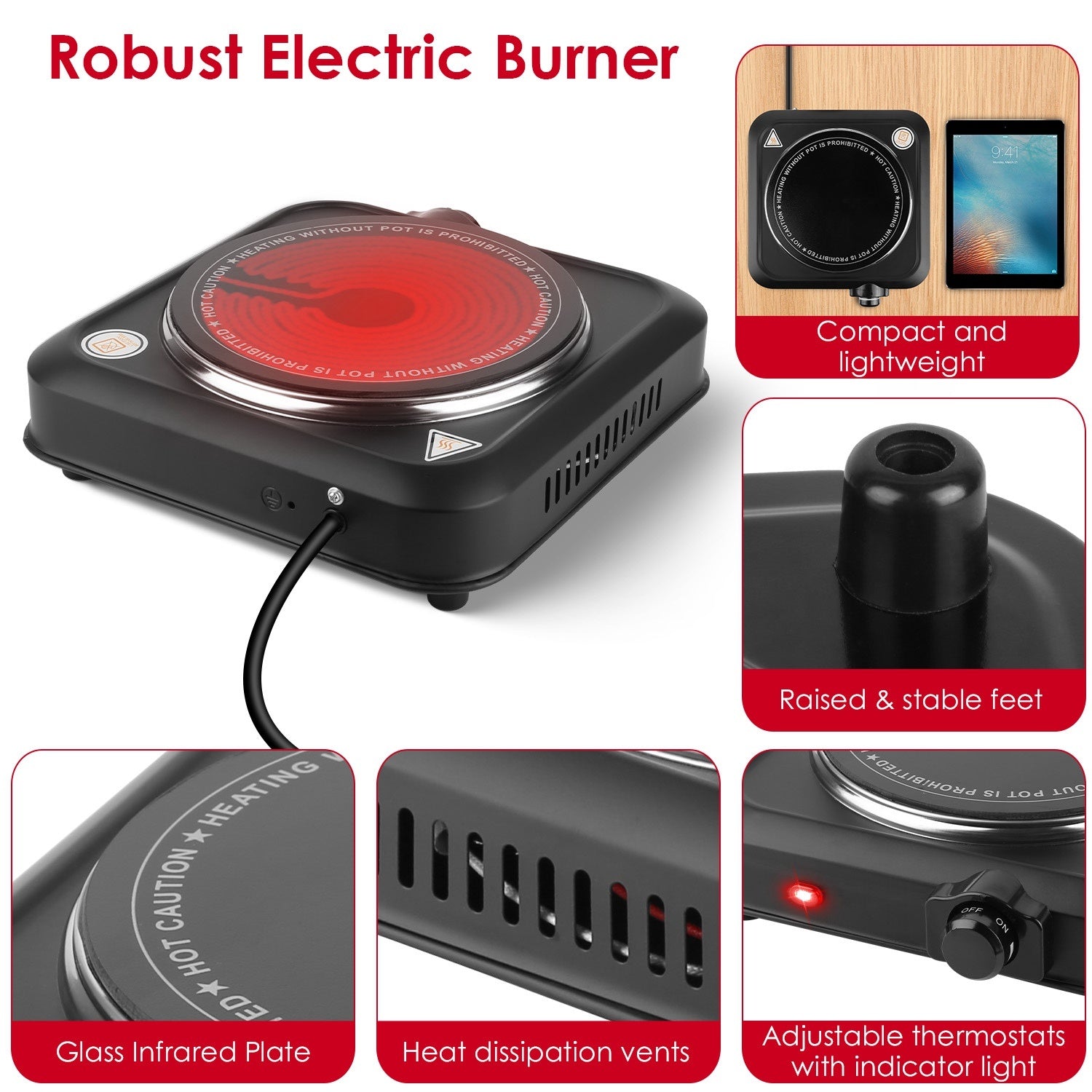 1Pc 1200W Electric Infrared Single Burner Portable Heating Hot Plate