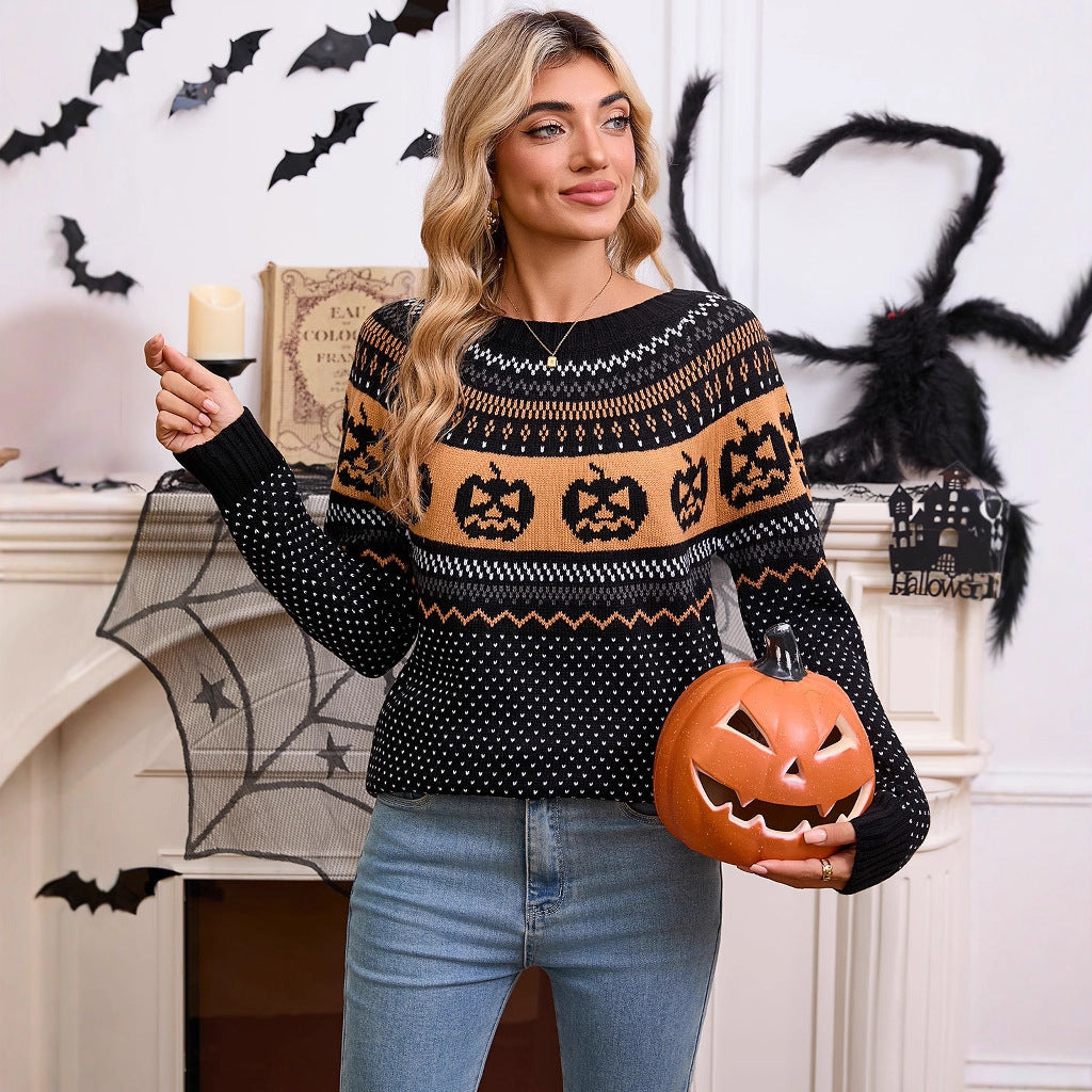 Maglione retrò a maniche lunghe con ricamo a forma di zucca di Halloween da donna