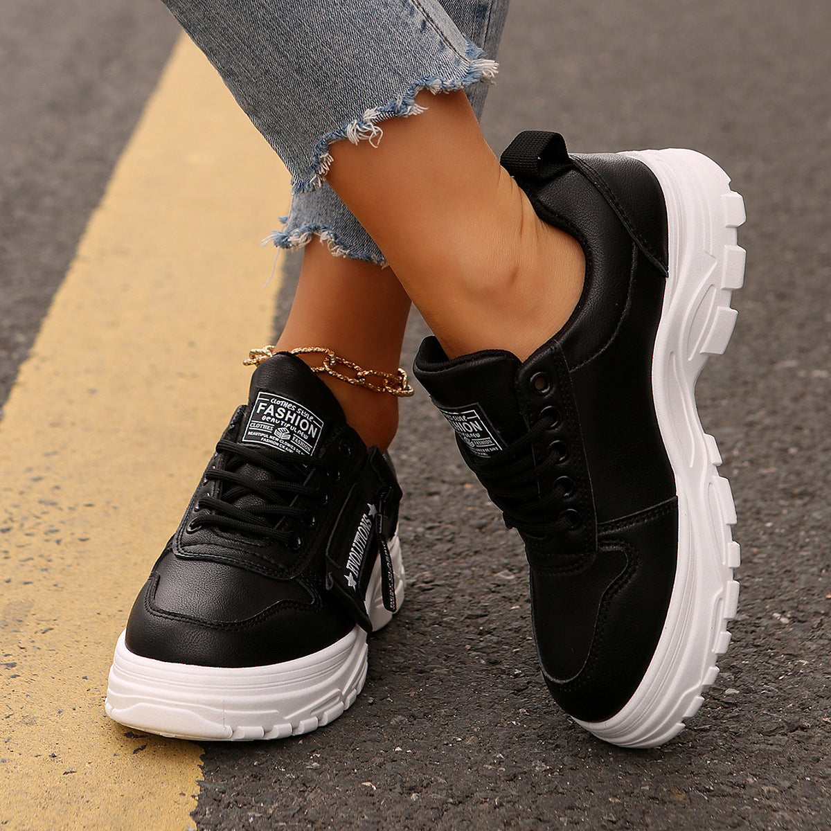 Lace-up Sports Shoes With Side-Zipper Design Shoes For Women