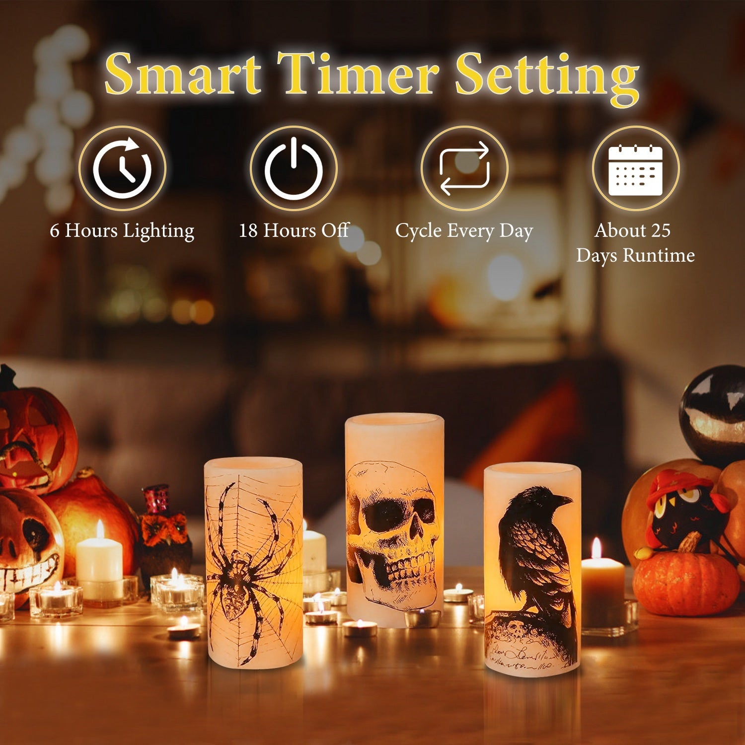 Confezione da 3 candele arancioni senza fiamma per Halloween con timer – Decorazione per feste a batteria