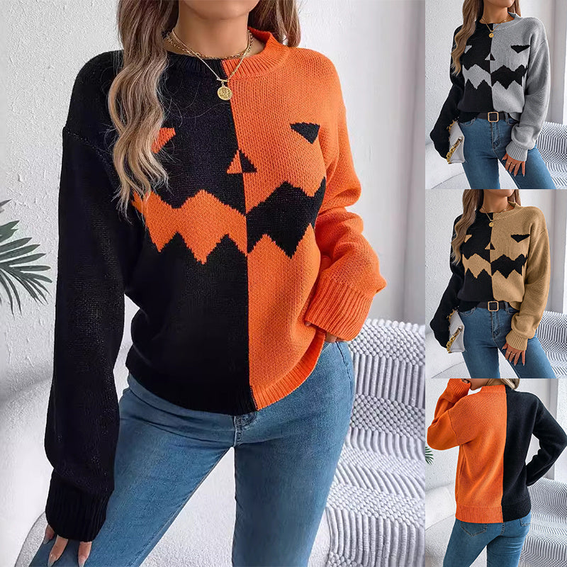 Maglione lavorato a maglia color block di Halloween per donna