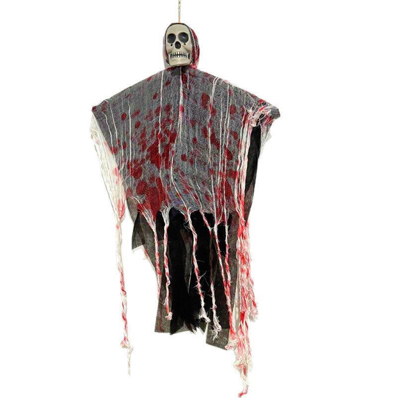 Decorazione di Halloween con teschio luminoso tinto di sangue, fantasma da appendere, ornamenti per esterni