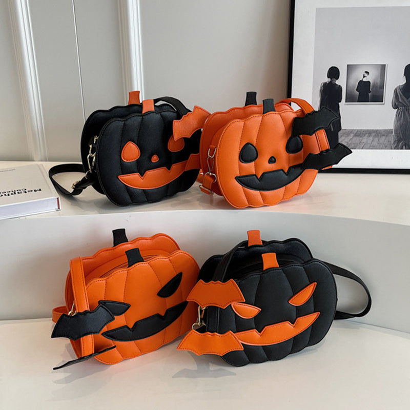 Borsa a tracolla divertente con zucca di Halloween e pipistrello – Borsa a tracolla creativa da donna