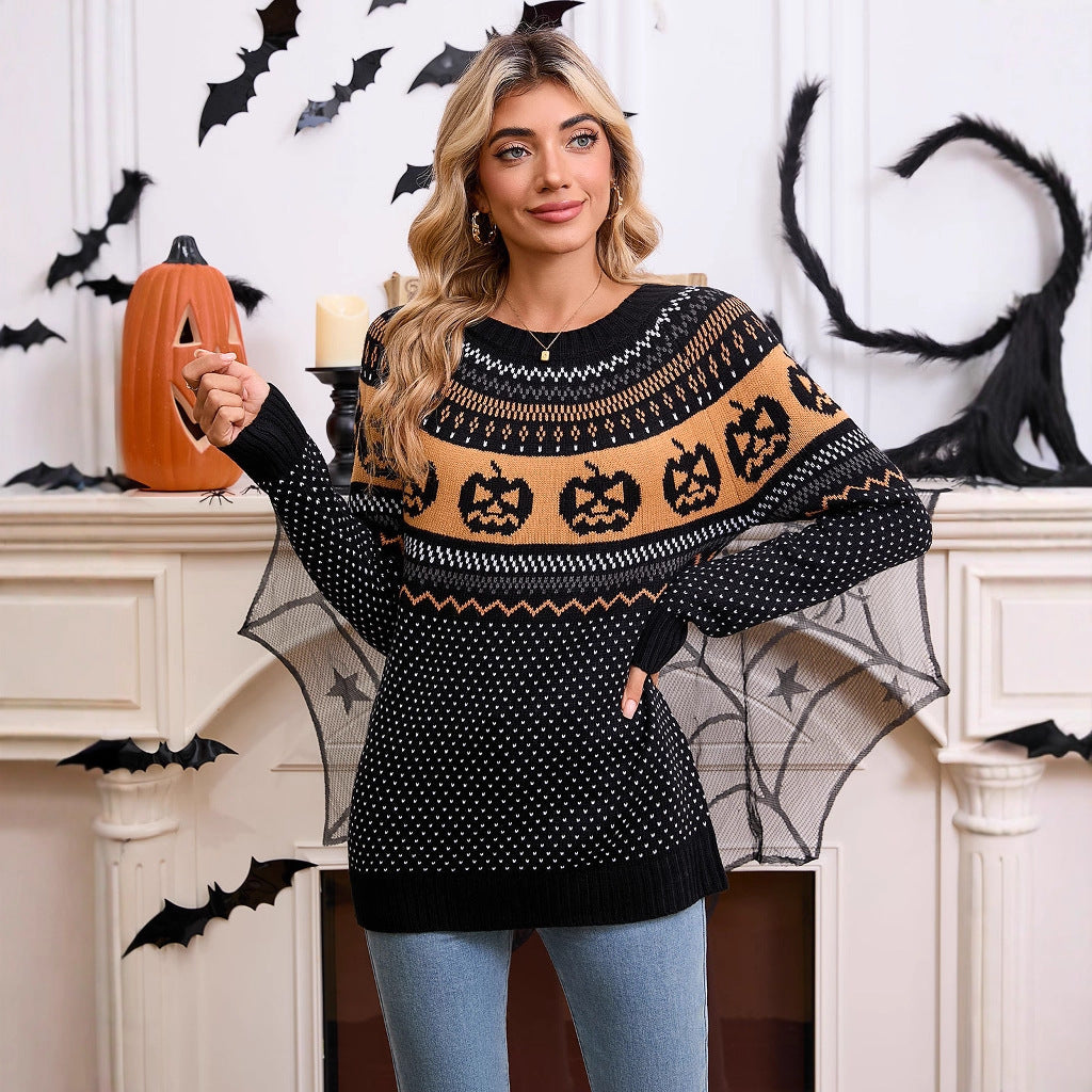 Maglione retrò a maniche lunghe con ricamo a forma di zucca di Halloween da donna