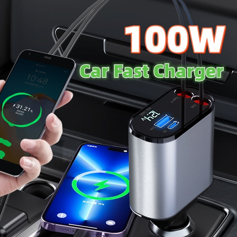 Caricabatteria da auto in metallo da 100 W con ricarica super veloce, adattatore per accendisigari USB e TYPE-C