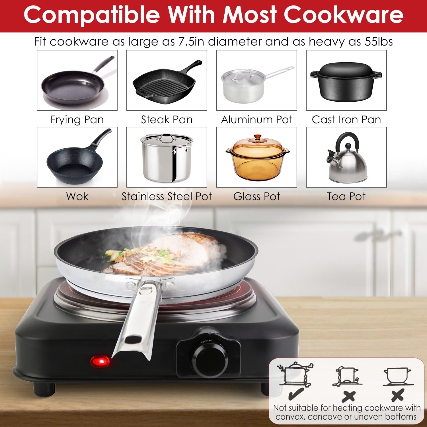 1Pc 1200W Electric Infrared Single Burner Portable Heating Hot Plate