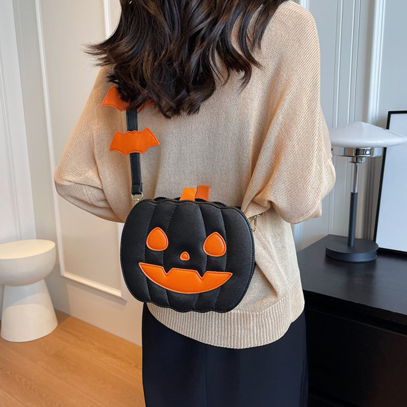 Borsa a tracolla divertente con zucca di Halloween e pipistrello – Borsa a tracolla creativa da donna