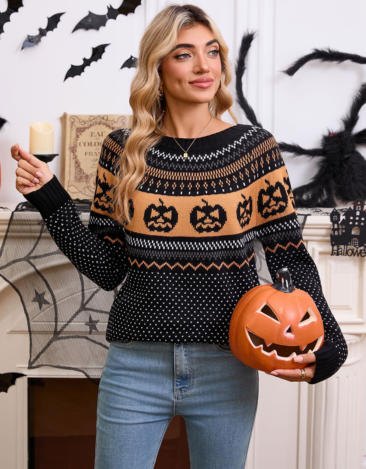 Maglione retrò a maniche lunghe con ricamo a forma di zucca di Halloween da donna