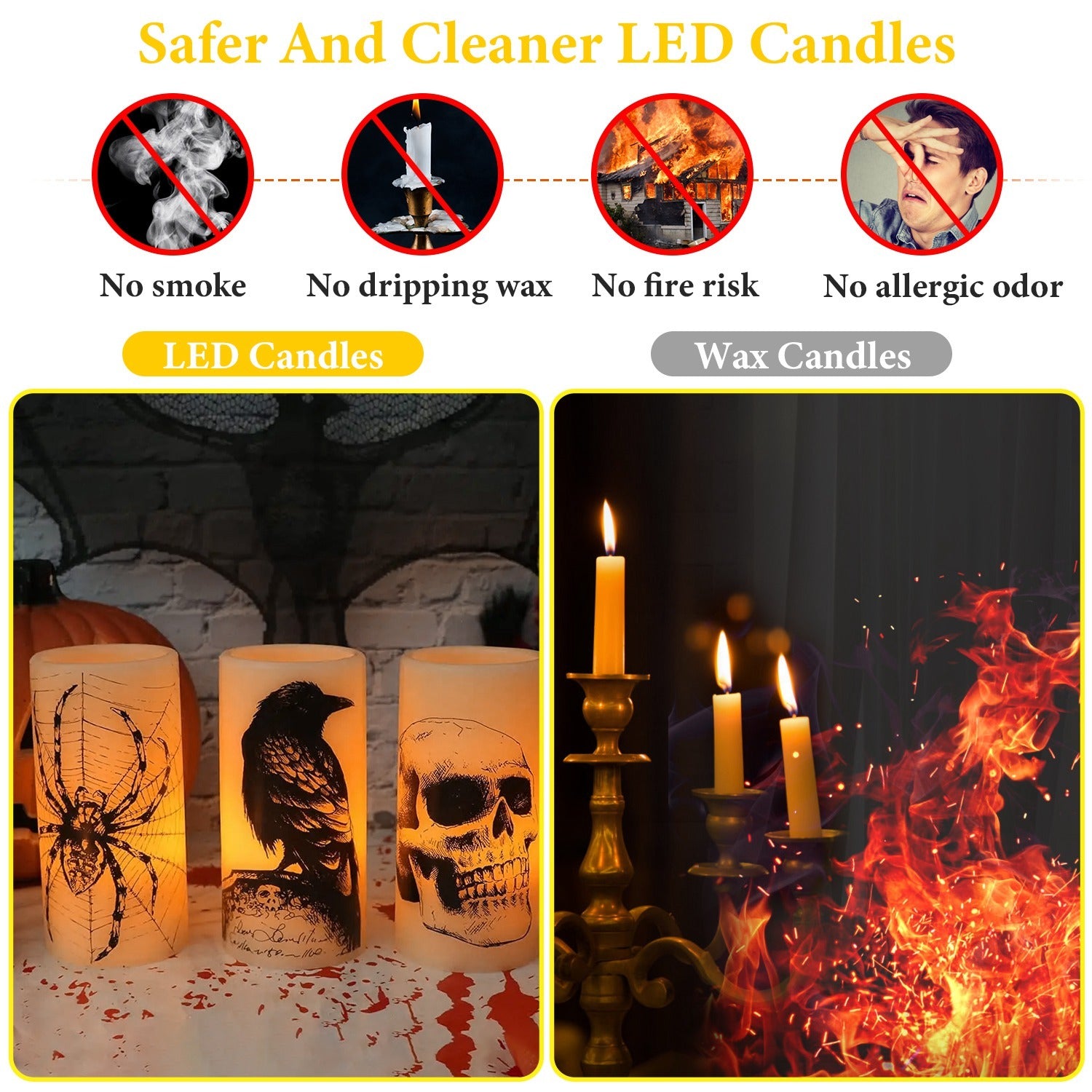 Confezione da 3 candele arancioni senza fiamma per Halloween con timer – Decorazione per feste a batteria
