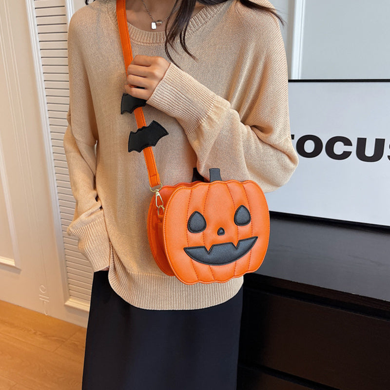 Borsa a tracolla divertente con zucca di Halloween e pipistrello – Borsa a tracolla creativa da donna