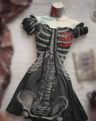 Gonna a trapezio a maniche corte con stampa teschio 3D di Halloween da donna