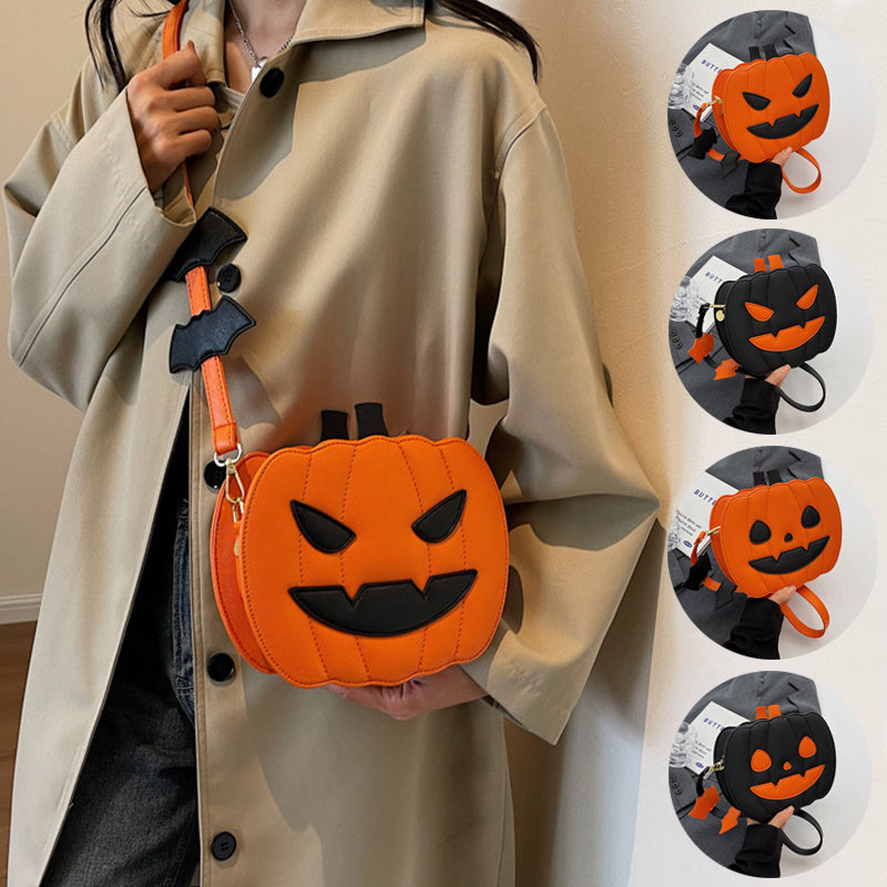 Borsa a tracolla divertente con zucca di Halloween e pipistrello – Borsa a tracolla creativa da donna