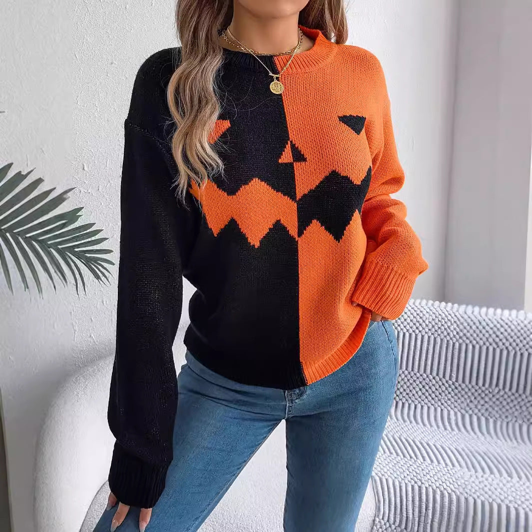 Maglione lavorato a maglia color block di Halloween per donna