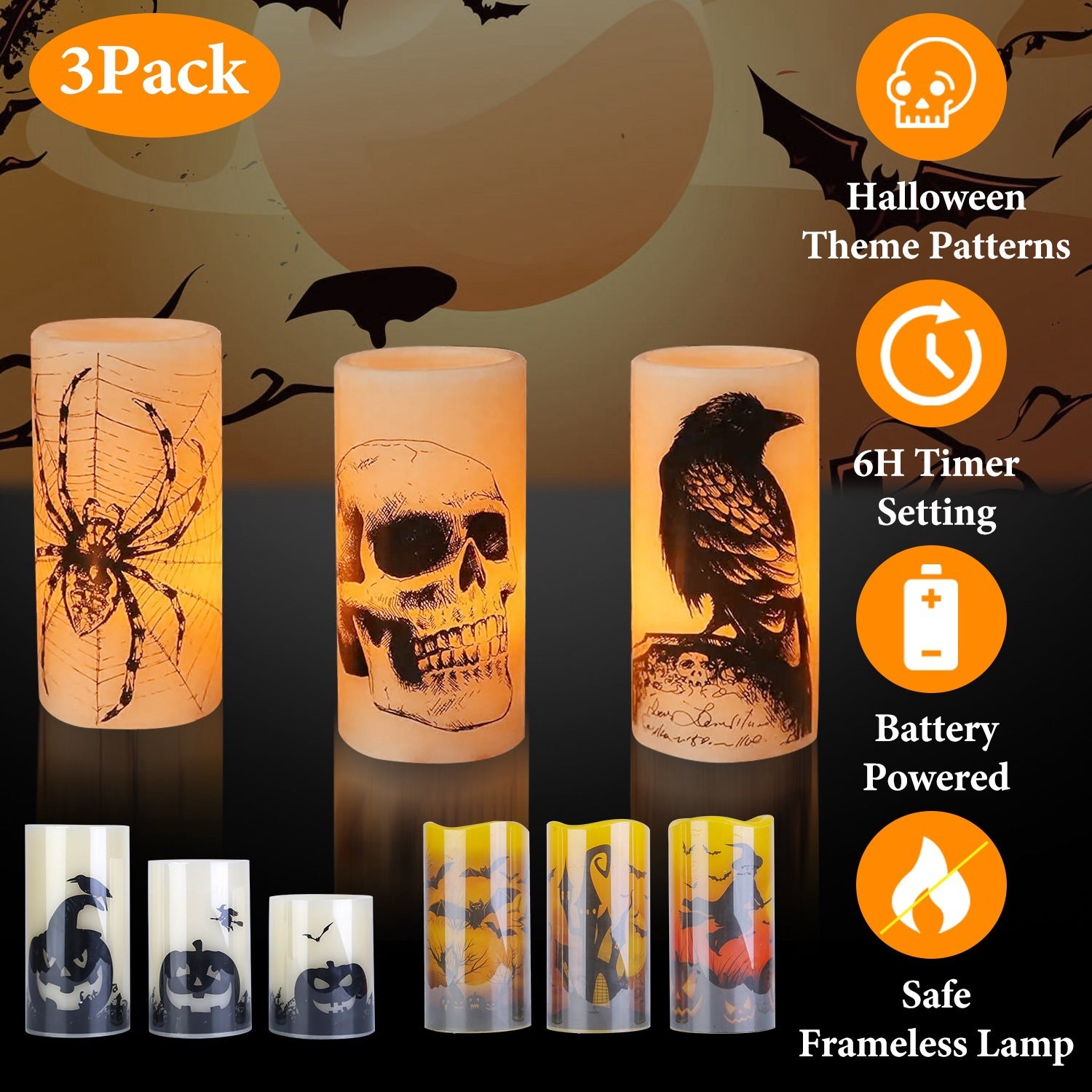 Confezione da 3 candele arancioni senza fiamma per Halloween con timer – Decorazione per feste a batteria