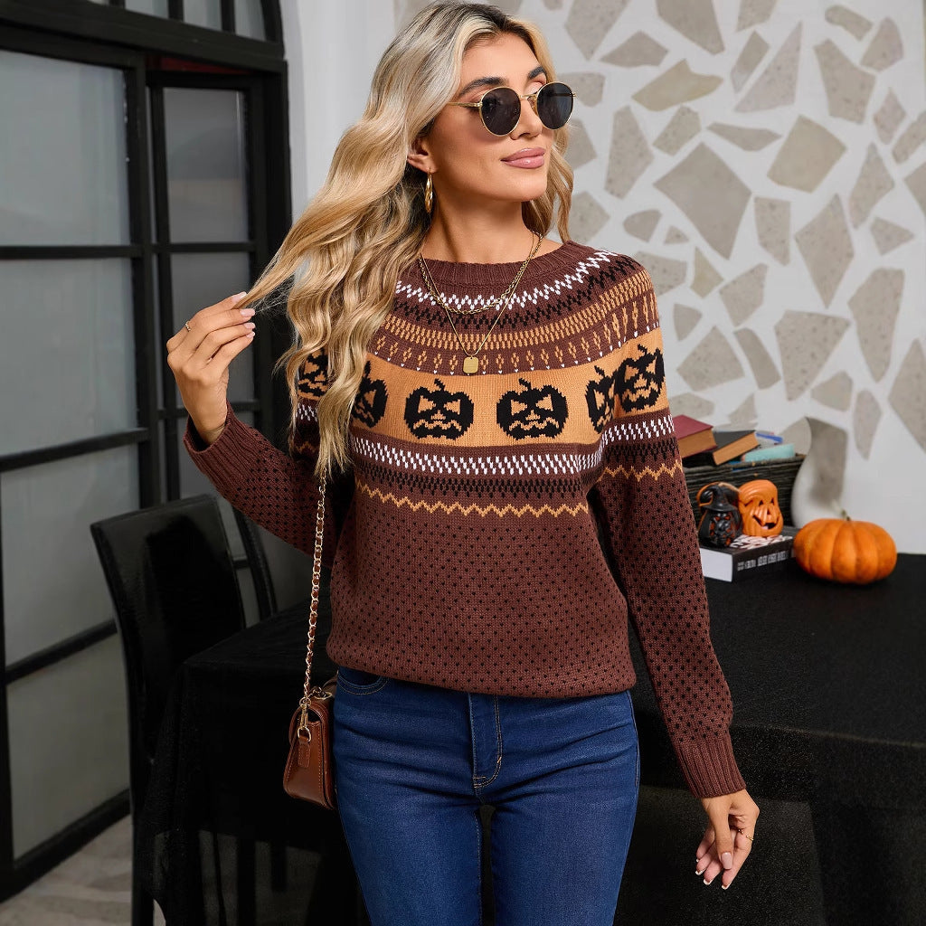 Maglione retrò a maniche lunghe con ricamo a forma di zucca di Halloween da donna